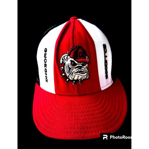 VTG 80s Georgia Bulldogs Cap Large Lucky Stripes Trucker Hat AJDRed Bl…